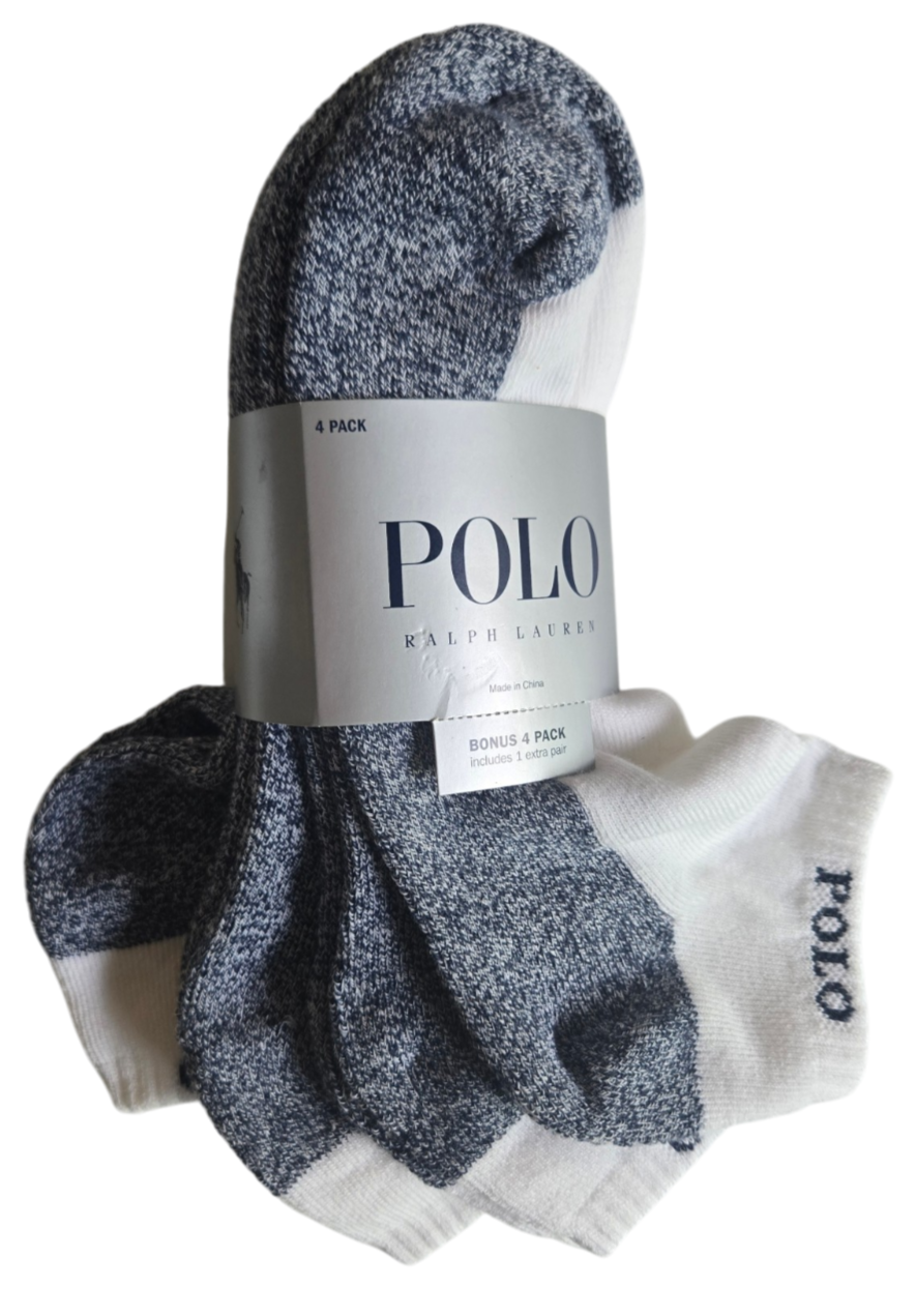Polo Ralph Lauren Mens Low Cut Socks White and Blue w/ POLO Logo 4 pack NWT