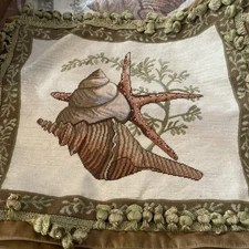 Wool Needlepoint Throw Pillow Case Cover Sea Shell Beach House Cushion 18x20 New