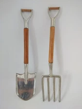 Vintage Mini Garden Tool Set Shovel & Fork 10.5" Cast Aluminum Oak-Grain Wood