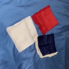 lot of 3 ladies hankies Red, White Blue, Crochet 11 X 11
