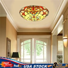 Tiffany Style Ceiling Lamp Flower Motif Stained Glass Flush Mount Light Fixture