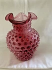 Beautiful Fenton Glass Cranberry Hobnail Vase, Ruffled Top, 5 3/4” Tall