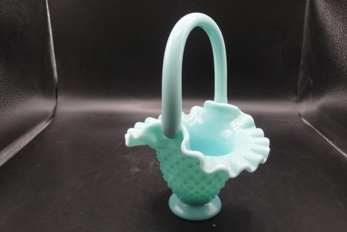 Vintage Fenton Art Glass Turquoise Hobnail Miniature Basket with Applied Handle