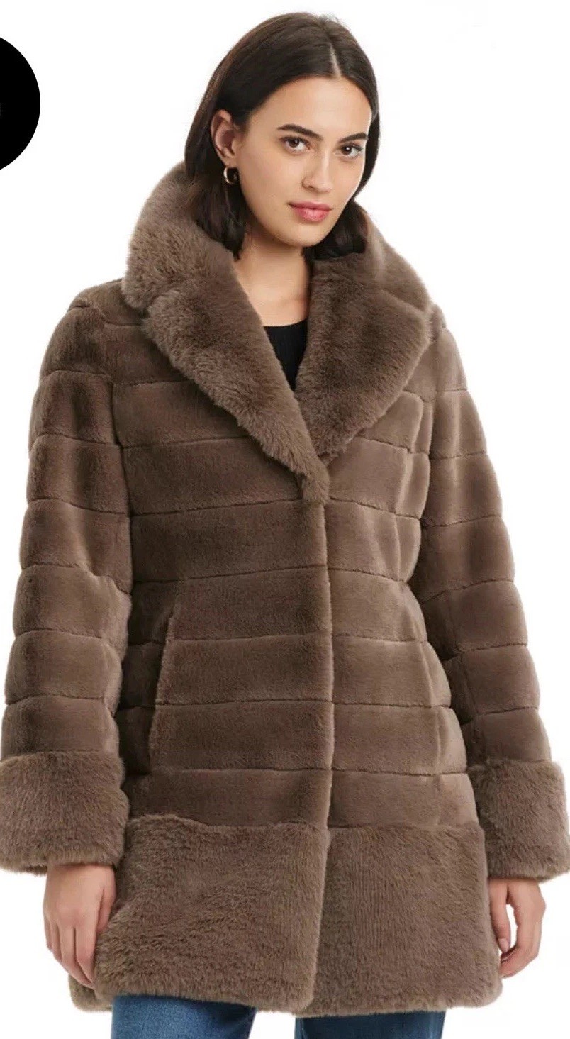 Jones New York Womens Coat Taupe Brown Faux Fur Pockets Lined Heavyweight