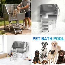 TOYANDONA 38" Pet Dog Grooming Bath Tub Stainless Steel Bathing Station w/ Step