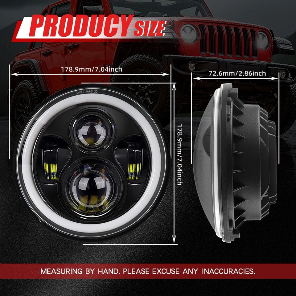 Pair 7" Round LED Headlights Hi/Lo Beam Red DRL fit Chevrolet Nova 1969-1978 - Image 4 of 4