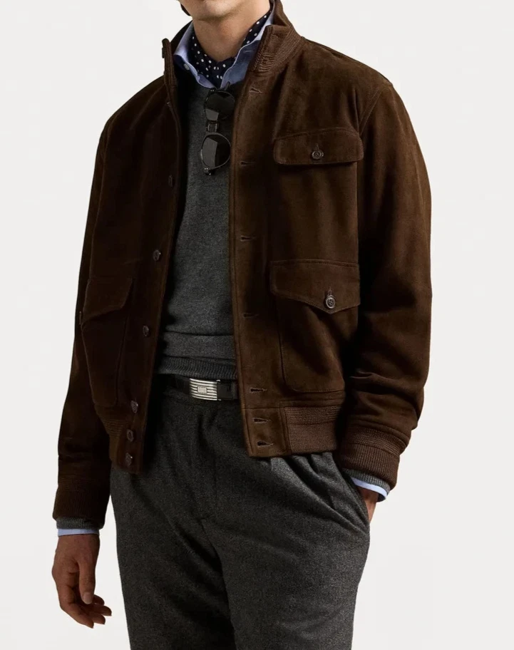 Mens Brown suede leather Trucker jacket pure suede slim fit Shirt biker jacket L