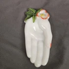 Milk Glass Hand Shaped Ring Holder Trinket Dish Vintage White w Hawaiian Flower