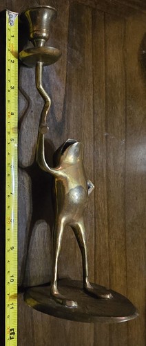 11" Vintage Frog Brass Taper Candle Holder On A Lily Pad Candlestick Patina - Picture 7 of 9