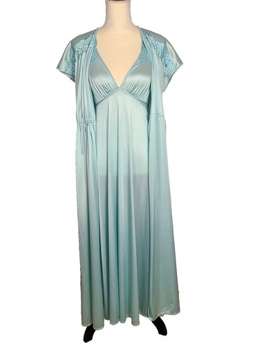 VTG JOLIE TWO Gown Robe Small Floor Length Duster Lingerie Blue V Neck Nylon EUC - 第 1/22 張圖片