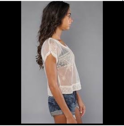 Free People The Vicki Sheer Embroidered Lace Mesh Top Black Size L coquette - Picture 2 of 6