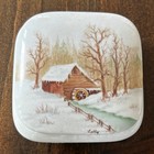 Vintage Hand Painted Porcelain Decorative Piece Cabin Snow Winter Trinket 1980