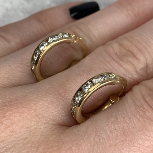 CZ Channel Set Hoop Earrings 9ct 9k 375 Yellow Gold - Picture 4 of 6