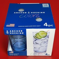 Anchor Hocking Colors Mercado Coastal Blue 18 Oz. Glass - Lot of 4 Made In USA