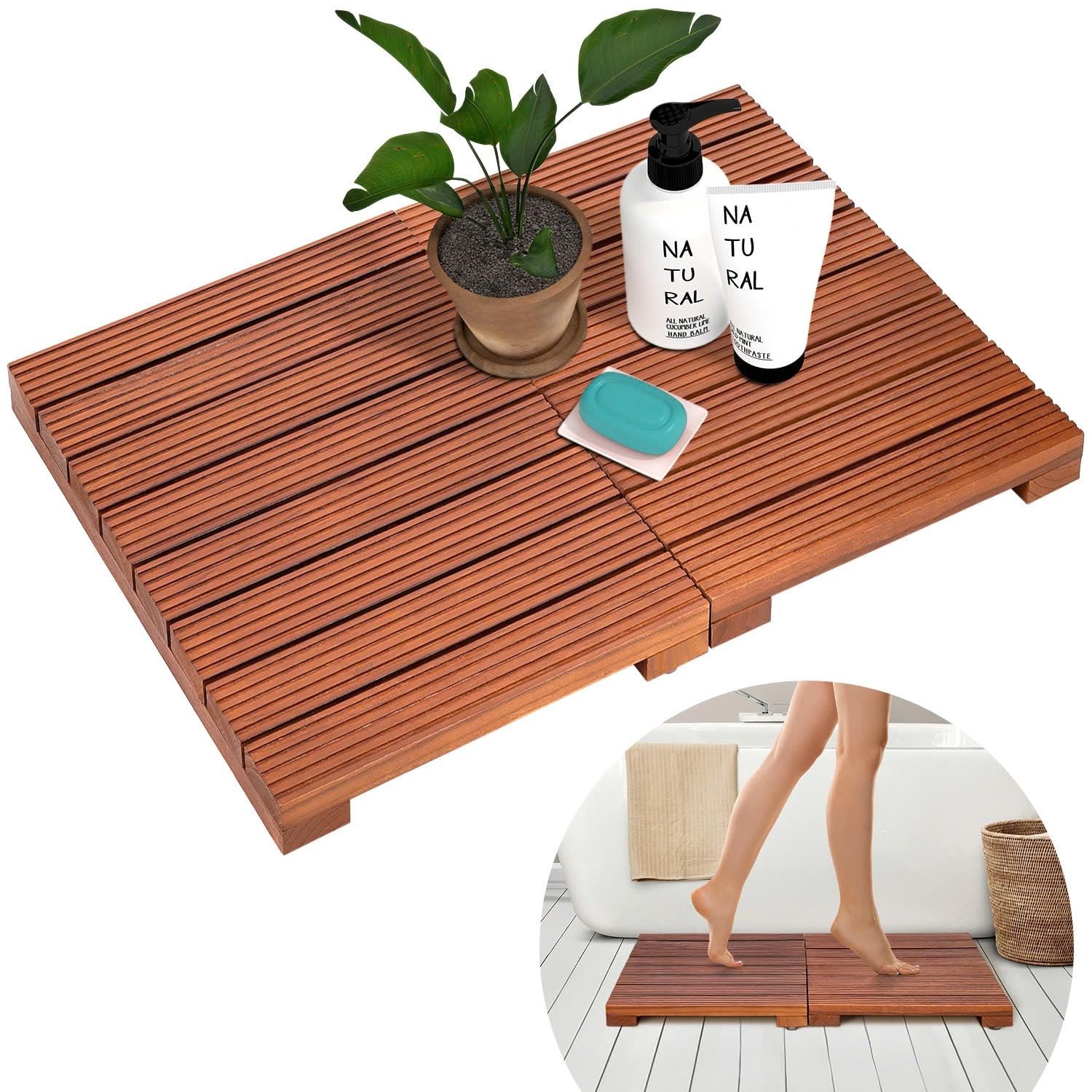 Luxury Foldable Teak Shower Mat 23x16 Non-Slip Wood Bathroom Floor Mat