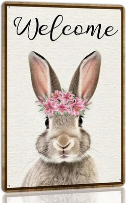 Tin Metal Signs 8x12 In Panneau de bienvenue en étain avec lapin et printemps 