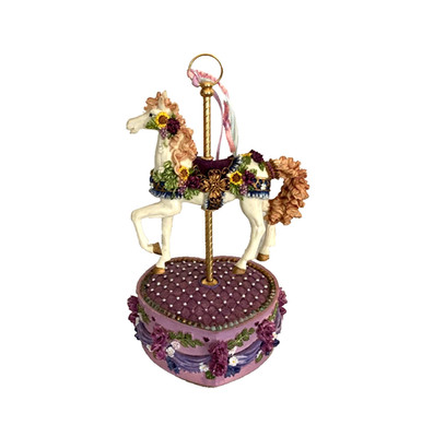 Vintage White Carousel Horse with Flowers on a Purple Heart 8'' Figurine - Nice!!