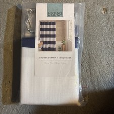 URBAN HABITAT SHOWER CURTAIN  12 CHROME HOOK SET BLUE IVORY STRIPE 70"x72" NIB