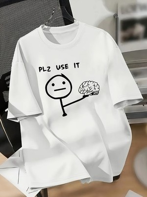 Funny Brain T Shirt PLZ USE IT Graphic Tee Unisex White Short Sleeve
