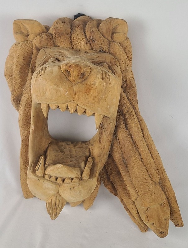 Hand-Carved Wooden Lion Wall Hanging With Open Mouth Design