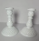 Vintage Fenton White Hobnail Milk Glass 6” Candlestick Pair Of 2 MCM Art Deco