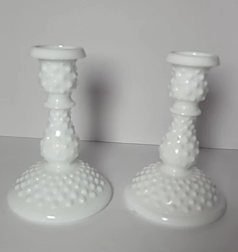 Vintage Fenton White Hobnail Milk Glass 6” Candlestick Pair Of 2 MCM Art Deco