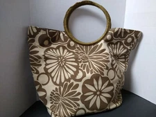 SUN N SAND CANVAS LARGE BEACH TOTE BAG BROWN BEIGE FLORAL