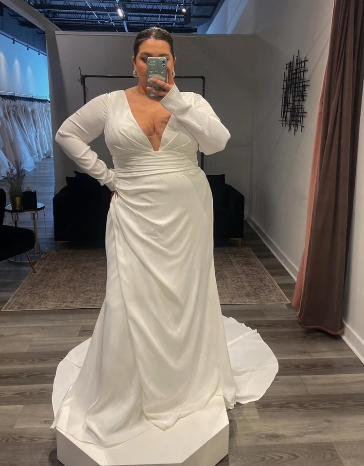 Vestidos de noiva plus size chiffon gola V sexy mangas compridas vestidos de praia - Imagem 3 de 4