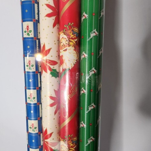 Vintage 90s CLEO Christmas Wrapping Paper 8 Rolls 100 sq ft NEW Santa Poinsettia - Picture 2 of 4