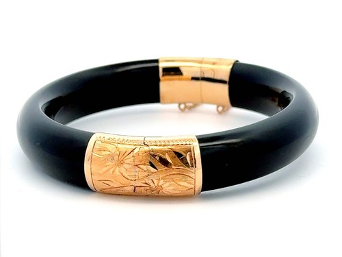 Black Jade Bangle 14k Yellow Gold