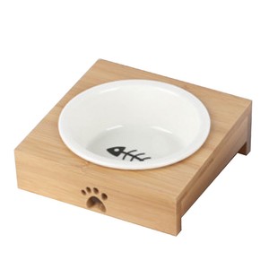 Raised Dog Cat Feeder Bamboo Stand Ceramic Food Feeding Bowl