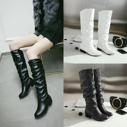 Womens Pleated Knee High Long Boots Low Heel Warm Shoes Flat Slouch Boots New - Picture 2 of 23
