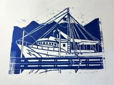 Unsigned Lithograph Linocut Poster Fishing Ship