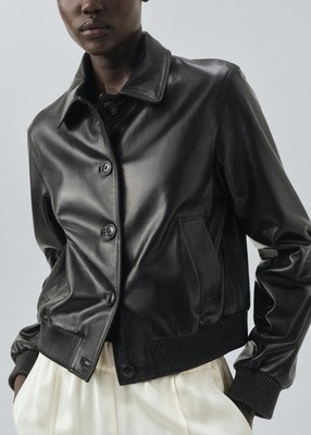 Mango 100% leather bomber jacket - Black ( Size L / Origin $429 )