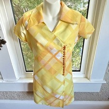 Vintage 1960s Handmade Yellow Plaid Mini Dress with Snap Button Front