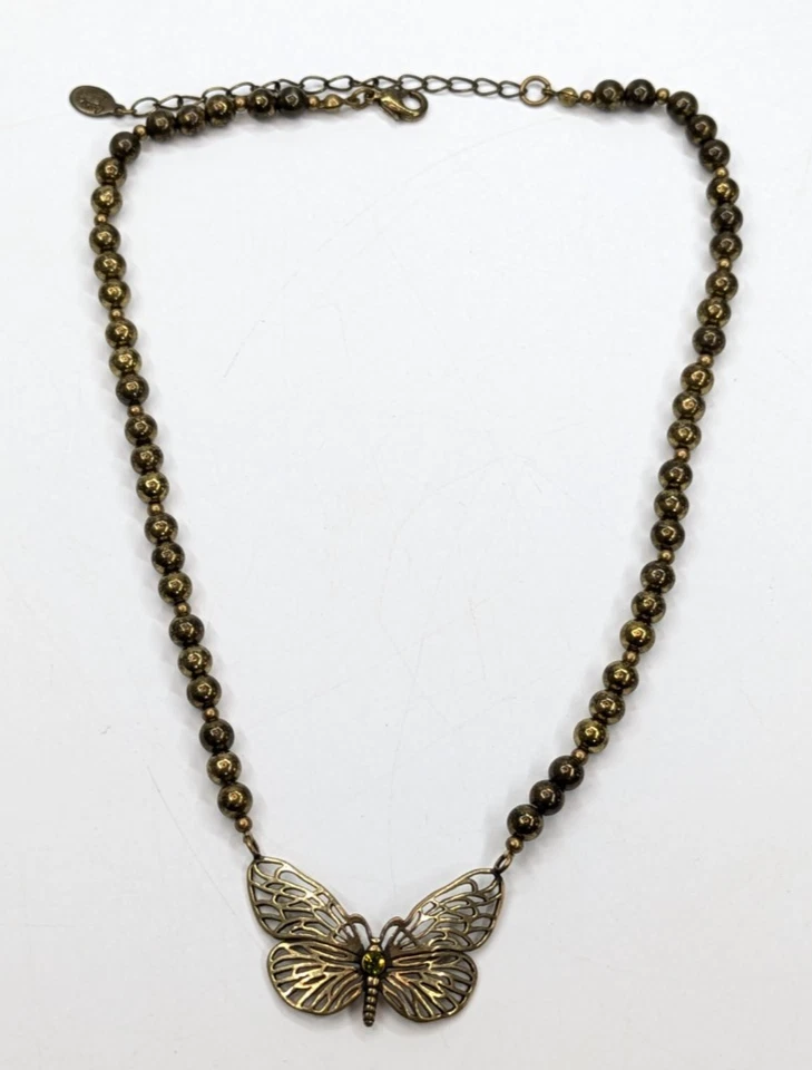 Cookie Lee Openwork Brass Butterfly Pendant Beaded Adjustable Necklace 18" Long — 第 2/4 张图片