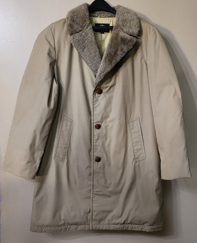 VTG Zero King Mens 42L Coat Beige Tan w/ Fur Collar Down Filled Leather Buttons - Picture 9 of 14