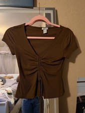 Rue 21 Shirred Ruched Off The Shoulder Crop Top Brown Size XS Trendy Boho Y2k