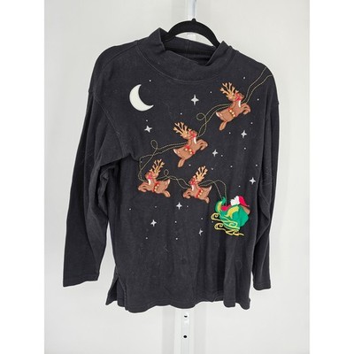 Vtg Bechamel Womens Sz M Mock Neck Long Sleeve T Shirt Christmas Santa Sleigh