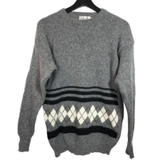 Vintage Gray Argyle Lambs Wool Angora Rabbit Sweater Rafaella Medium Black White