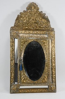 Q76S61 Antique Wooden Cabinet Mirror Tin Mount Shoe Brush Set Circa 1900