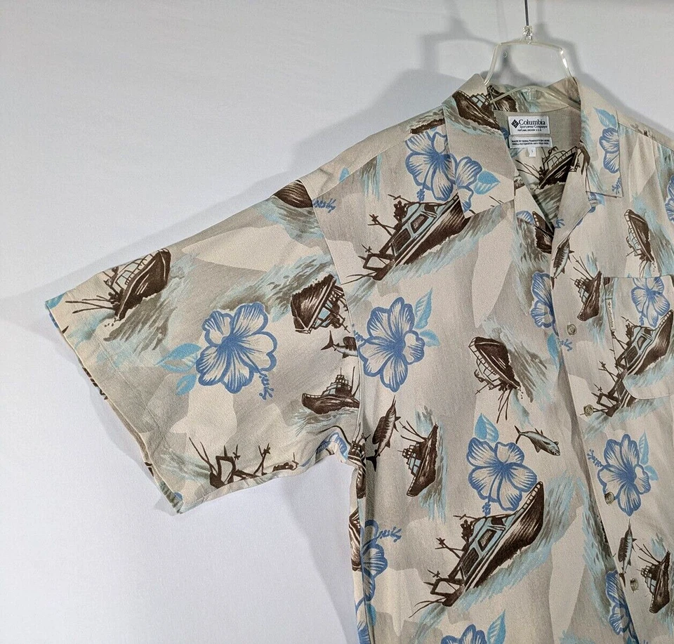 Columbia Para Hombres L Beige Floral Hawaiano Tropical Manga Corta Abotonable Campamento Peces Foto 3 de 4