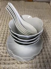 Soup Service 4 Vintage White Porcelain KNOBLER Japan Lotus Bowl + Saucer + Spoon