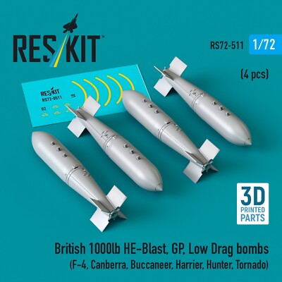 British 1000lb HE-Blast, GP, Low Drag bombs (4 pcs) Scale 1:72 ResKit RS72-0511