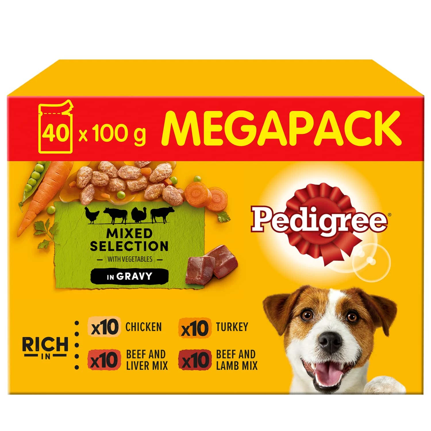 40 x 100g Pedigree Mega Pack Adult Wet Dog Food Pouches Mixed Selection in Gravy