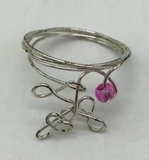 Silver Tone Wire Ring Pink Bead Handmade Size 9 1/4