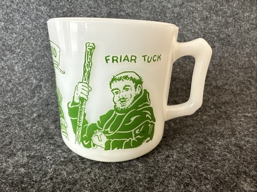 1950'S ROBIN HOOD Hazel Atlas Milk Glass Handled Mug 3" White Green Vintage - Picture 2 of 20