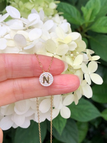 925 Sterling Silver Cz Gold Round Initial Letter N Pendant Necklace Womens 9mm