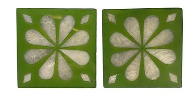 Vintage Green Capiz Shell Coasters Tiles Set of 2 Square Floral MCM Boho