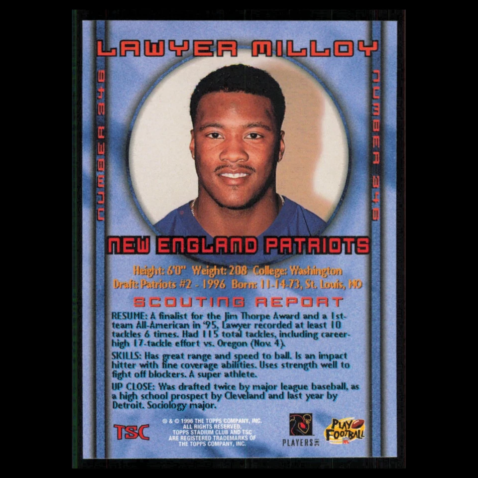 Lawyer Milloy Rookie #346 1996 Topps Stadium Club New England Patriots Football - Image 2 of 3